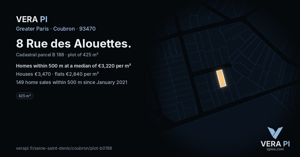 8 Rue des Alouettes, Coubron at night – the plot lit, the parcels around coloured by the prices near them