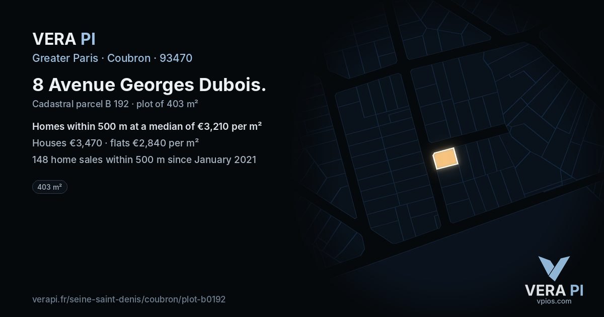 8 Avenue Georges Dubois, Coubron at night – the plot lit, the parcels around coloured by the prices near them