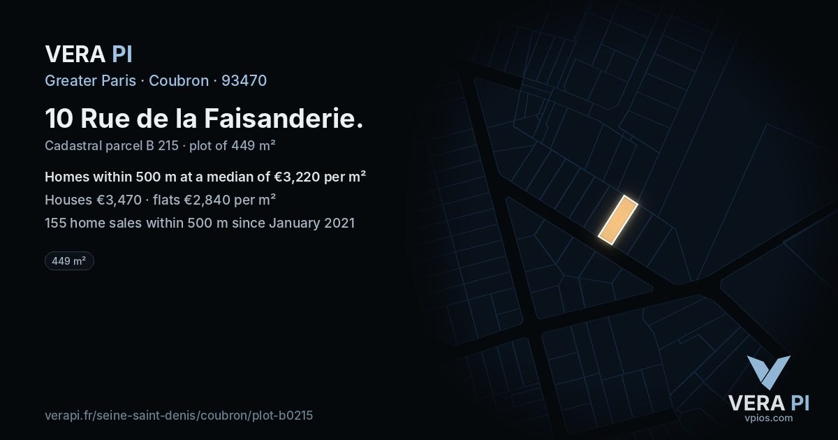 10 Rue de la Faisanderie, Coubron at night – the plot lit, the parcels around coloured by the prices near them