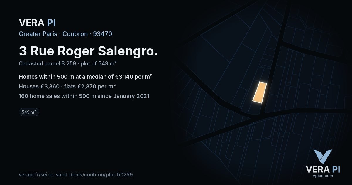 3 Rue Roger Salengro, Coubron at night – the plot lit, the parcels around coloured by the prices near them