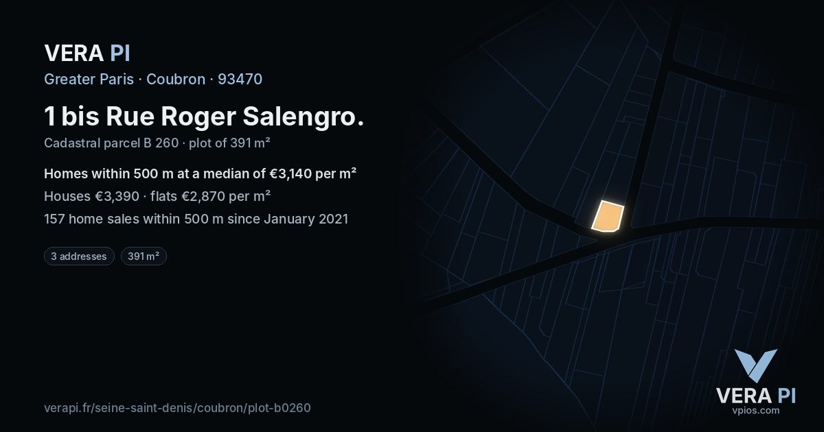 1 bis Rue Roger Salengro, Coubron at night – the plot lit, the parcels around coloured by the prices near them
