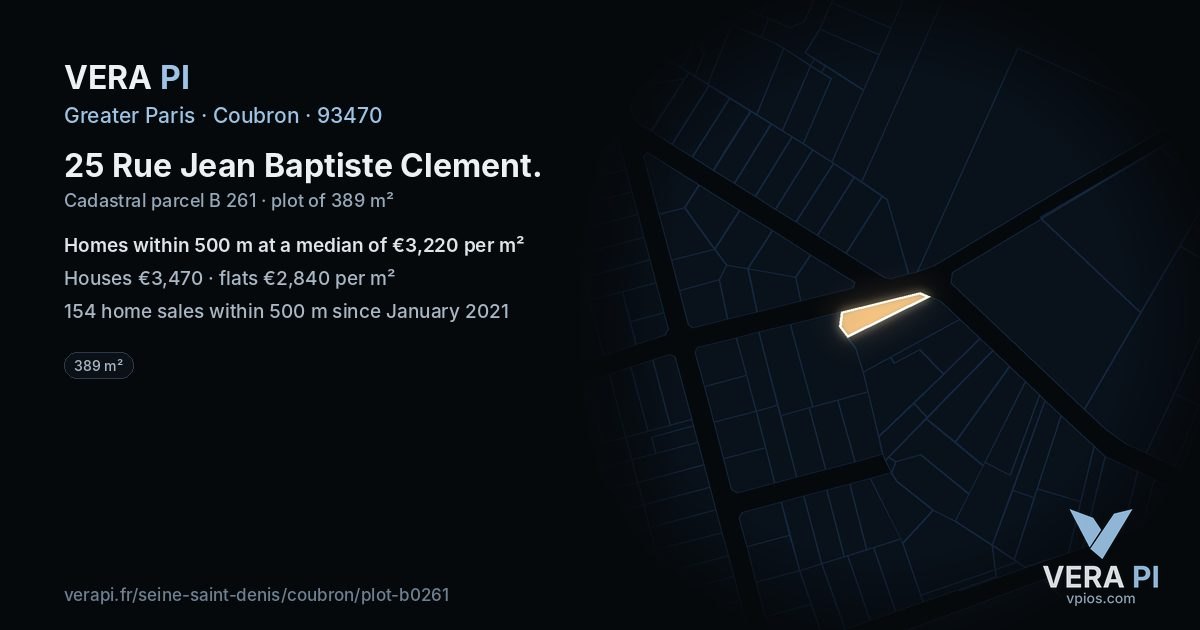 25 Rue Jean Baptiste Clement, Coubron at night – the plot lit, the parcels around coloured by the prices near them