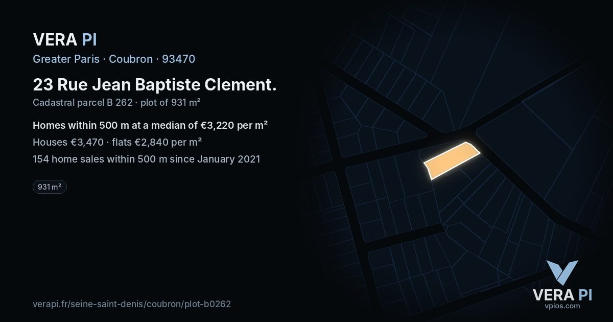 23 Rue Jean Baptiste Clement, Coubron at night – the plot lit, the parcels around coloured by the prices near them