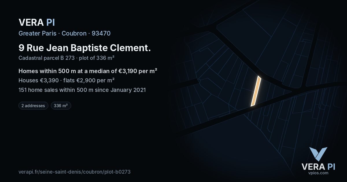 9 Rue Jean Baptiste Clement, Coubron at night – the plot lit, the parcels around coloured by the prices near them