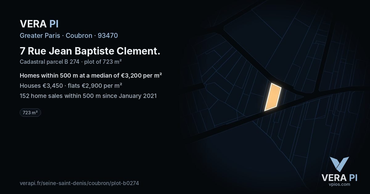 7 Rue Jean Baptiste Clement, Coubron at night – the plot lit, the parcels around coloured by the prices near them