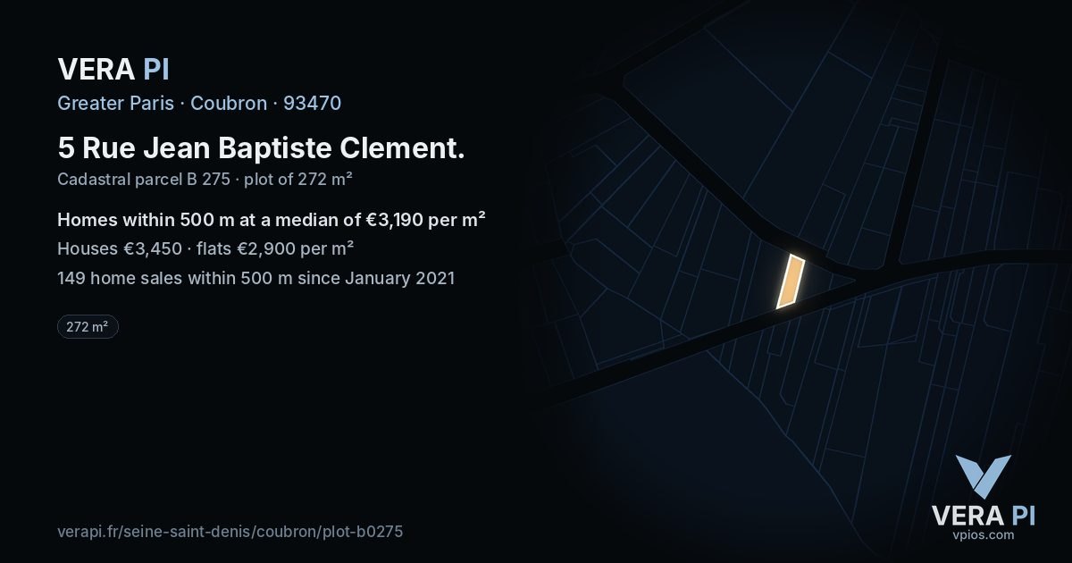 5 Rue Jean Baptiste Clement, Coubron at night – the plot lit, the parcels around coloured by the prices near them