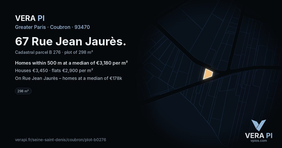 67 Rue Jean Jaurès, Coubron at night – the plot lit, the parcels around coloured by the prices near them
