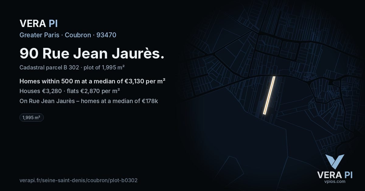 90 Rue Jean Jaurès, Coubron at night – the plot lit, the parcels around coloured by the prices near them