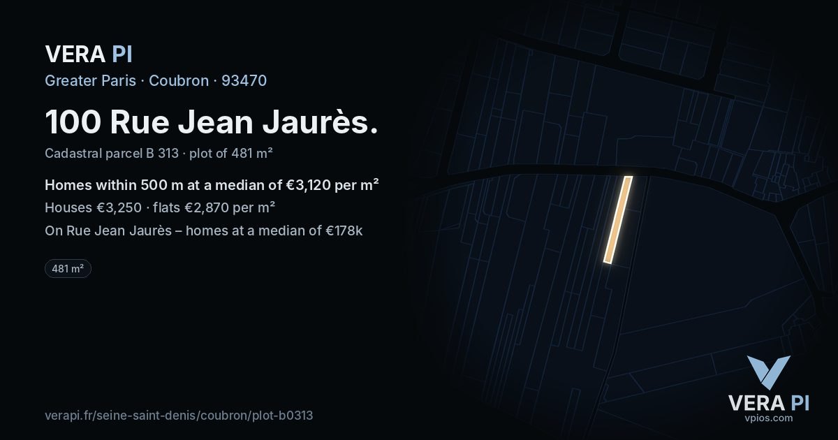 100 Rue Jean Jaurès, Coubron at night – the plot lit, the parcels around coloured by the prices near them