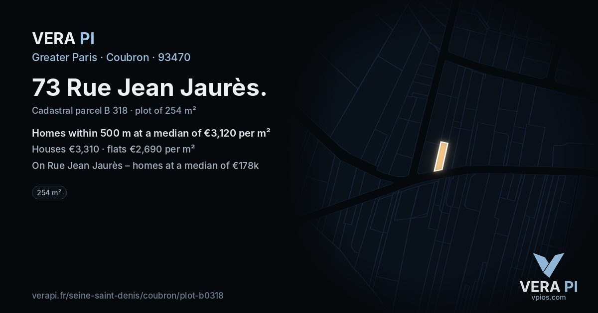 73 Rue Jean Jaurès, Coubron at night – the plot lit, the parcels around coloured by the prices near them