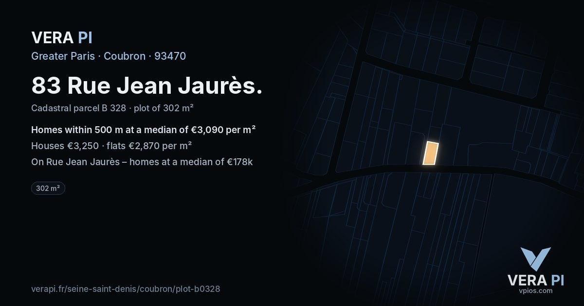 83 Rue Jean Jaurès, Coubron at night – the plot lit, the parcels around coloured by the prices near them