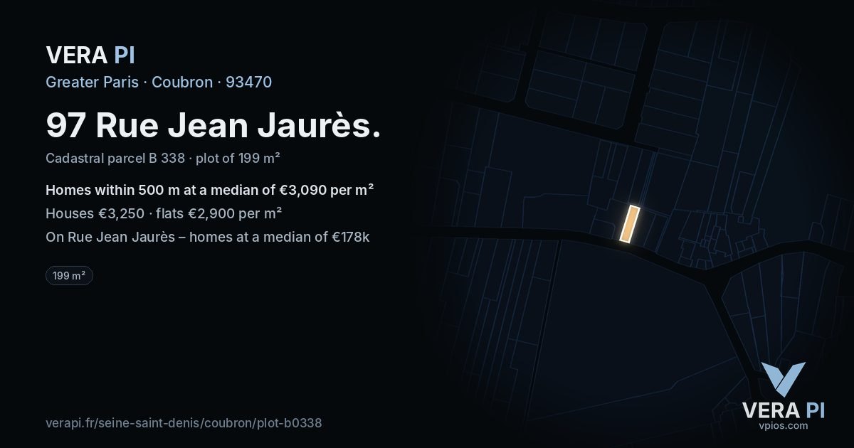 97 Rue Jean Jaurès, Coubron at night – the plot lit, the parcels around coloured by the prices near them