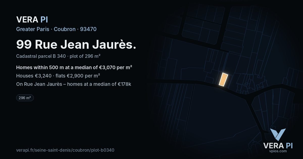 99 Rue Jean Jaurès, Coubron at night – the plot lit, the parcels around coloured by the prices near them