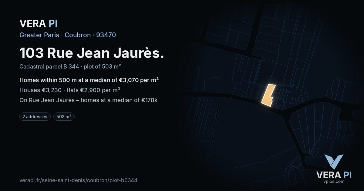 103 Rue Jean Jaurès, Coubron at night – the plot lit, the parcels around coloured by the prices near them