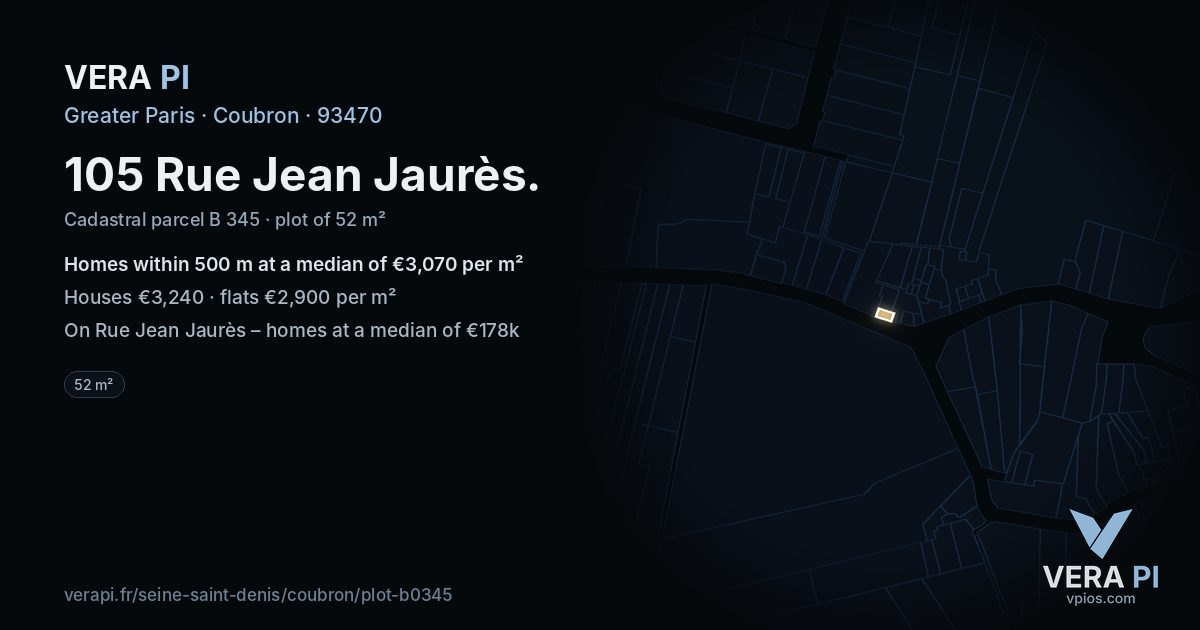 105 Rue Jean Jaurès, Coubron at night – the plot lit, the parcels around coloured by the prices near them