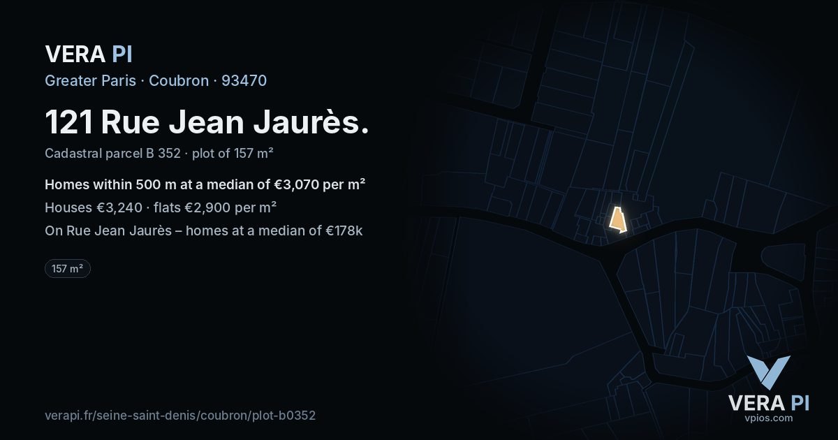 121 Rue Jean Jaurès, Coubron at night – the plot lit, the parcels around coloured by the prices near them