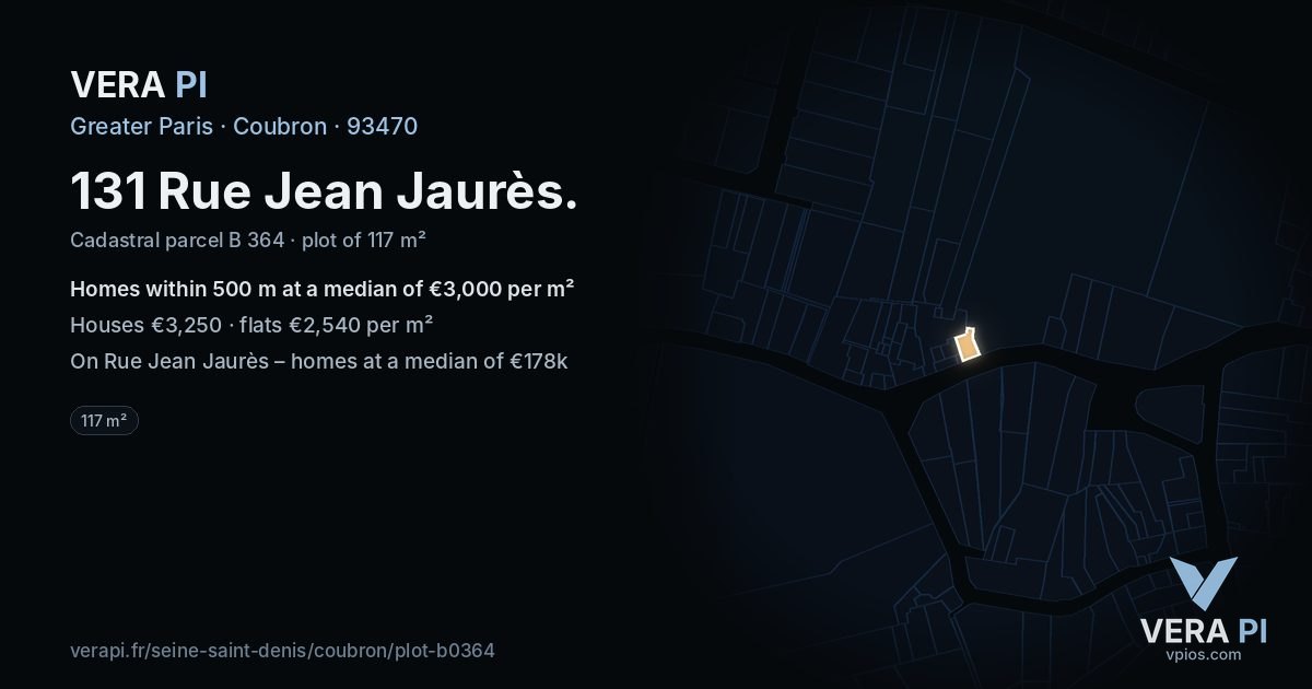 131 Rue Jean Jaurès, Coubron at night – the plot lit, the parcels around coloured by the prices near them