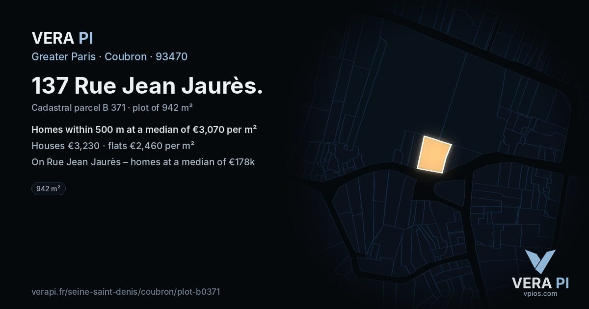 137 Rue Jean Jaurès, Coubron at night – the plot lit, the parcels around coloured by the prices near them