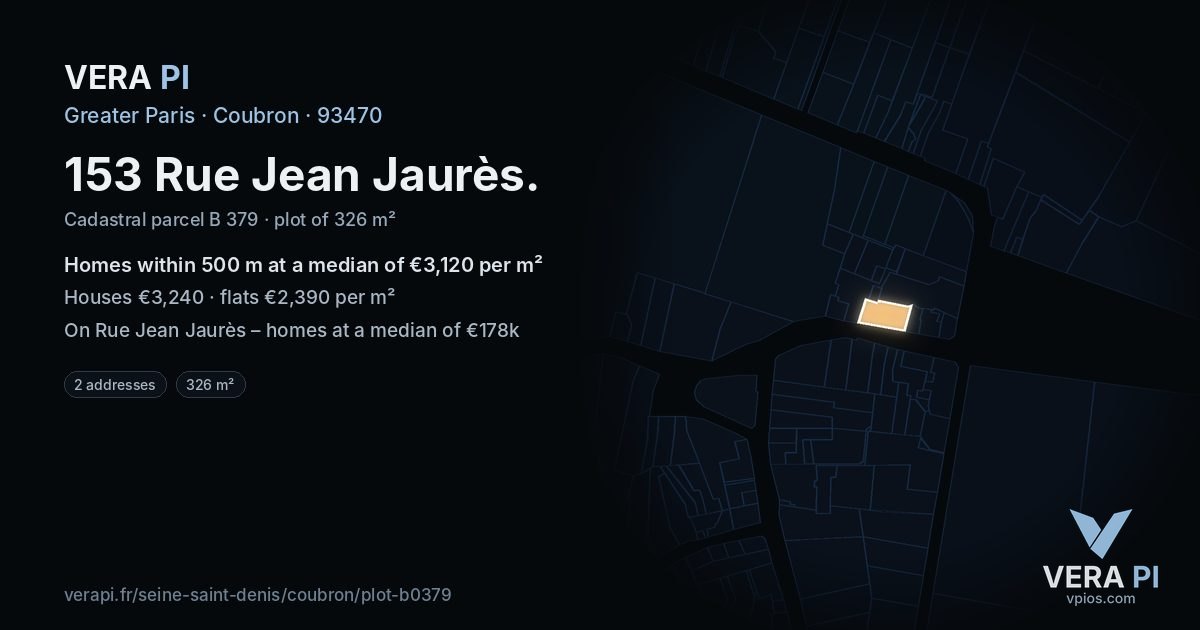 153 Rue Jean Jaurès, Coubron at night – the plot lit, the parcels around coloured by the prices near them