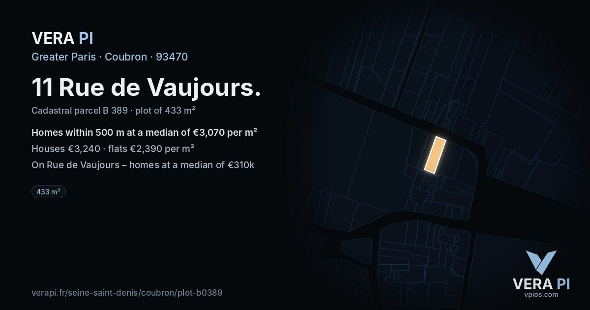 11 Rue de Vaujours, Coubron at night – the plot lit, the parcels around coloured by the prices near them