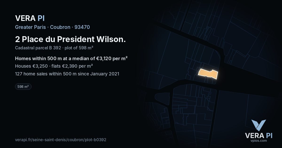 2 Place du President Wilson, Coubron at night – the plot lit, the parcels around coloured by the prices near them