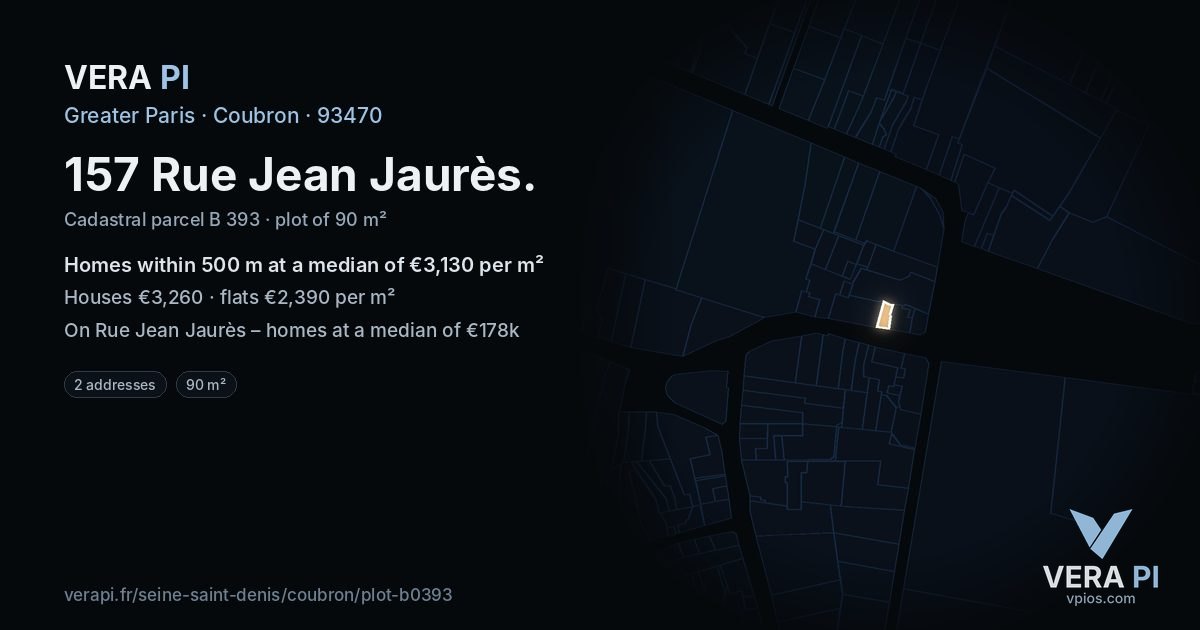 157 Rue Jean Jaurès, Coubron at night – the plot lit, the parcels around coloured by the prices near them