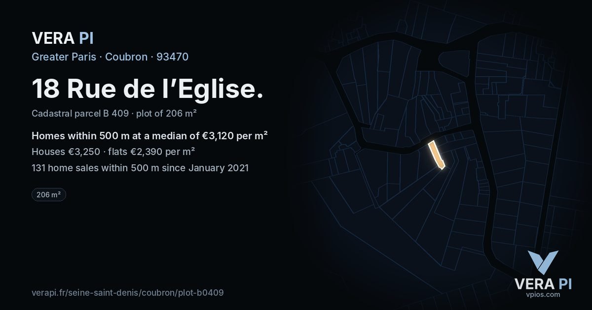 18 Rue de l’Eglise, Coubron at night – the plot lit, the parcels around coloured by the prices near them
