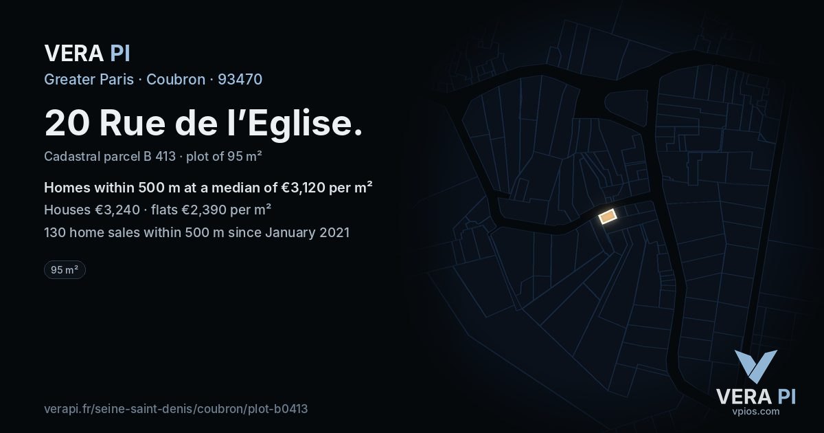 20 Rue de l’Eglise, Coubron at night – the plot lit, the parcels around coloured by the prices near them