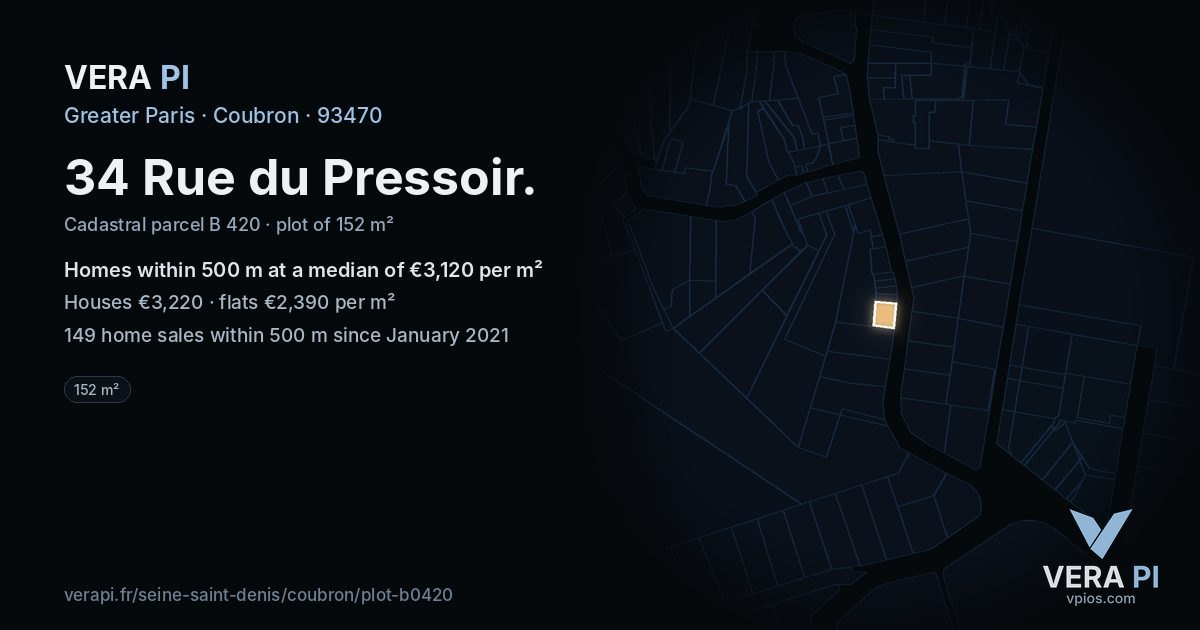 34 Rue du Pressoir, Coubron at night – the plot lit, the parcels around coloured by the prices near them