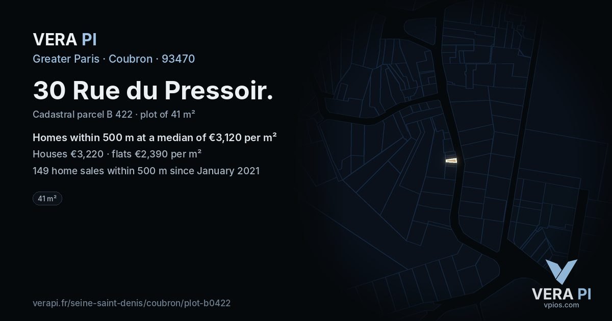 30 Rue du Pressoir, Coubron at night – the plot lit, the parcels around coloured by the prices near them