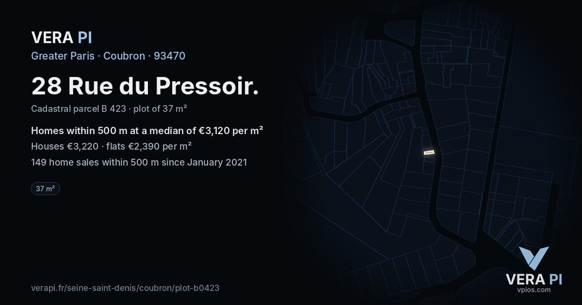 28 Rue du Pressoir, Coubron at night – the plot lit, the parcels around coloured by the prices near them