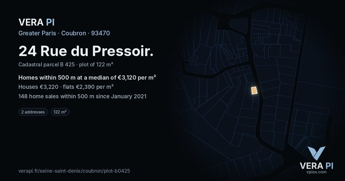 24 Rue du Pressoir, Coubron at night – the plot lit, the parcels around coloured by the prices near them
