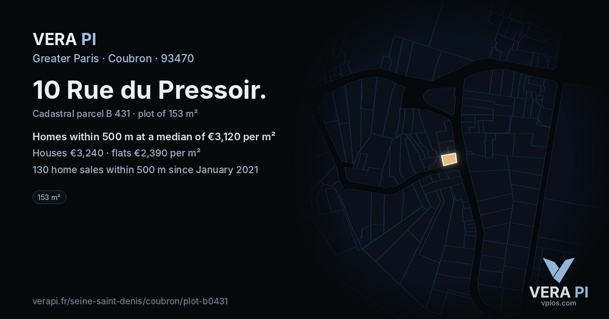 10 Rue du Pressoir, Coubron at night – the plot lit, the parcels around coloured by the prices near them