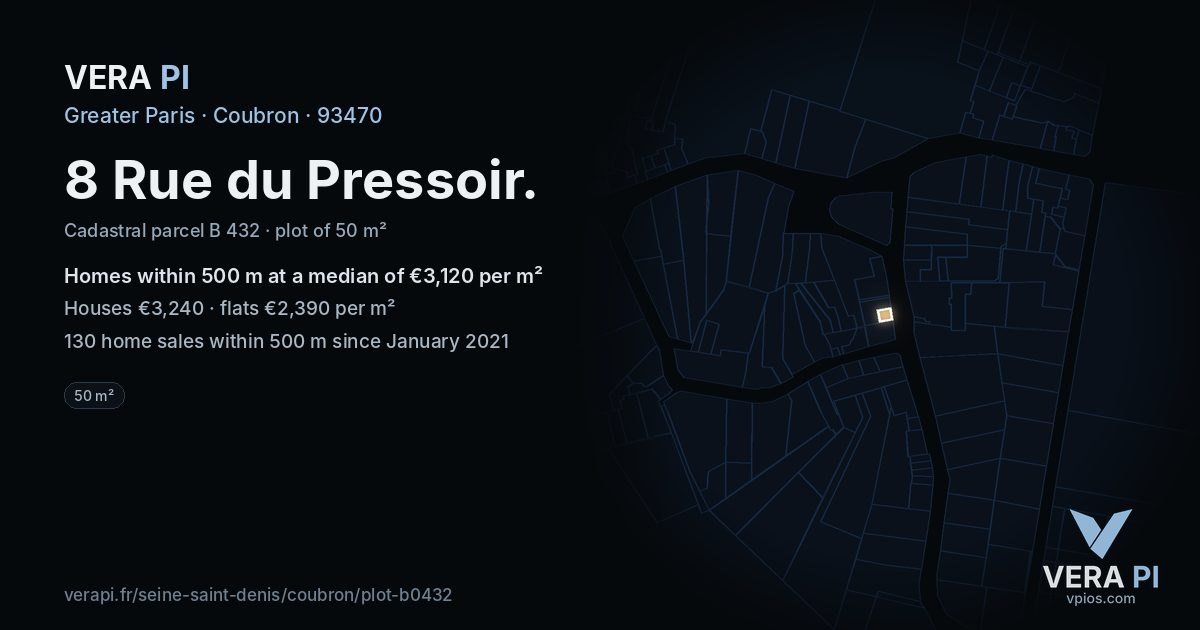 8 Rue du Pressoir, Coubron at night – the plot lit, the parcels around coloured by the prices near them