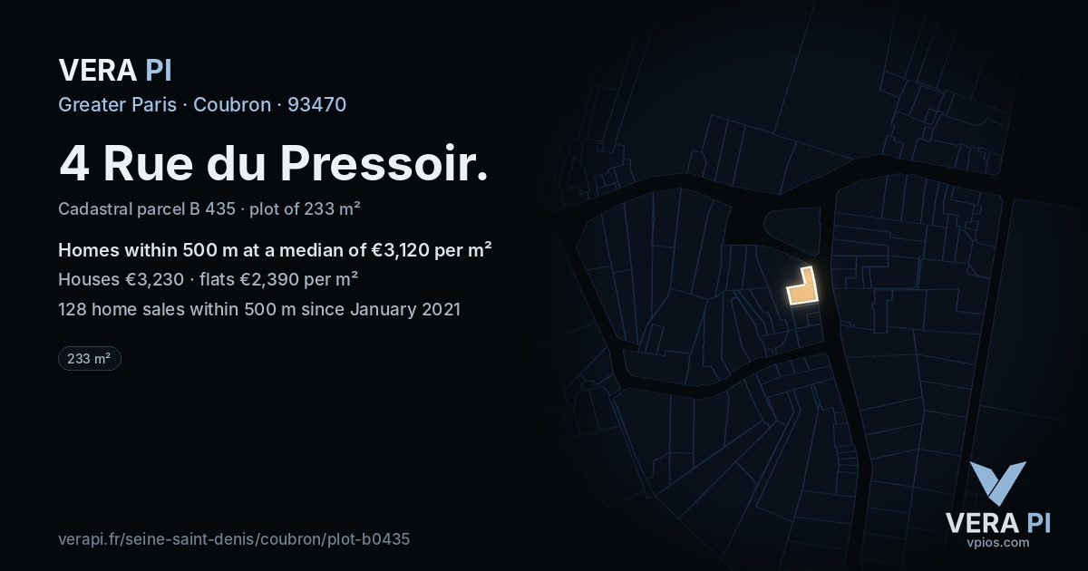 4 Rue du Pressoir, Coubron at night – the plot lit, the parcels around coloured by the prices near them
