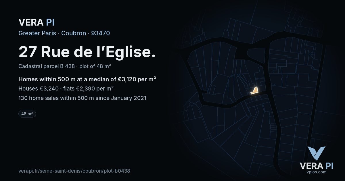 27 Rue de l’Eglise, Coubron at night – the plot lit, the parcels around coloured by the prices near them