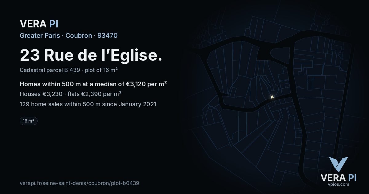 23 Rue de l’Eglise, Coubron at night – the plot lit, the parcels around coloured by the prices near them