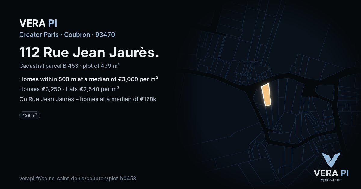 112 Rue Jean Jaurès, Coubron at night – the plot lit, the parcels around coloured by the prices near them