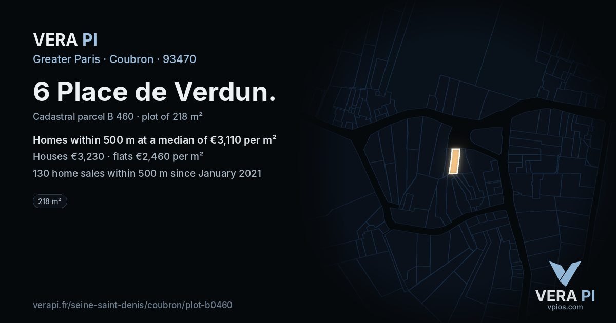 6 Place de Verdun, Coubron at night – the plot lit, the parcels around coloured by the prices near them