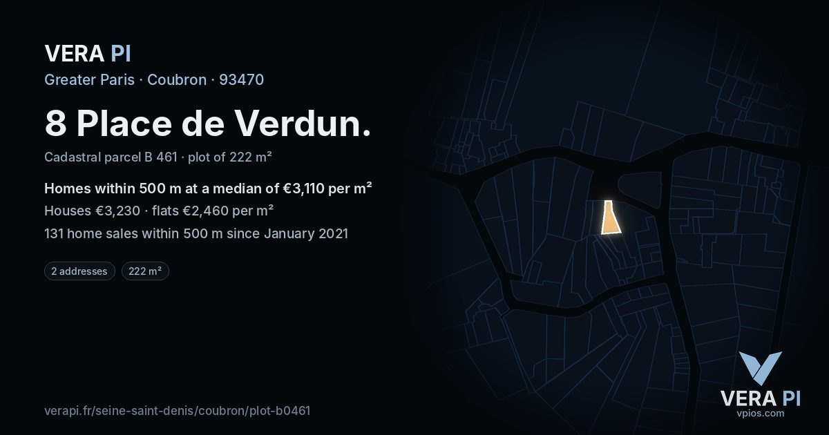 8 Place de Verdun, Coubron at night – the plot lit, the parcels around coloured by the prices near them