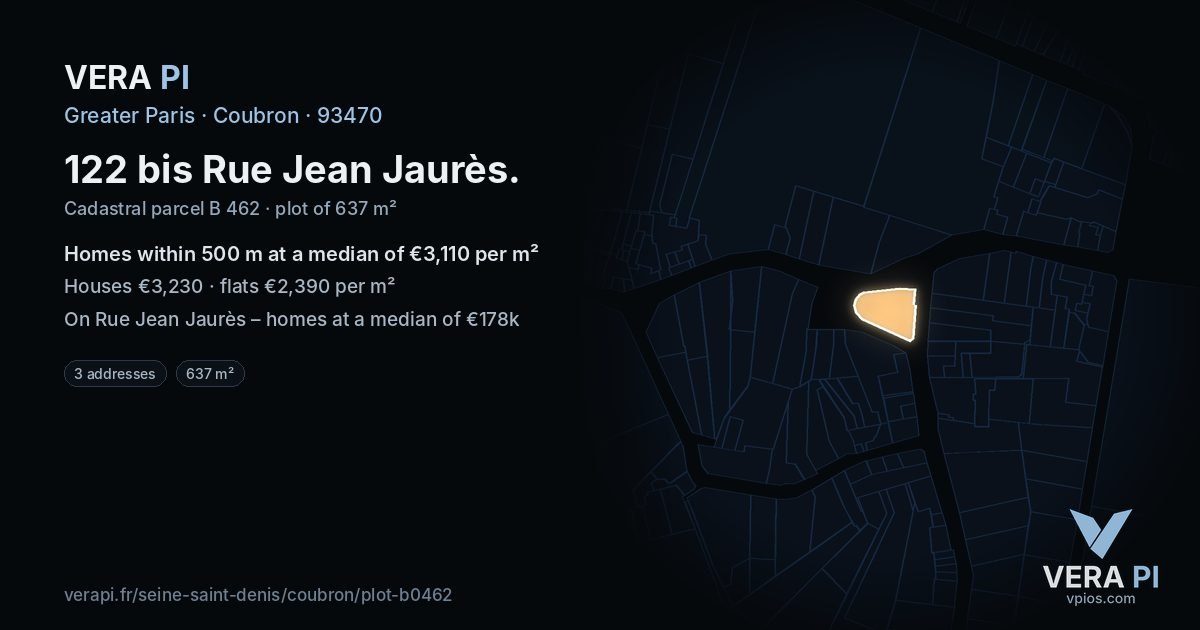 122 bis Rue Jean Jaurès, Coubron at night – the plot lit, the parcels around coloured by the prices near them