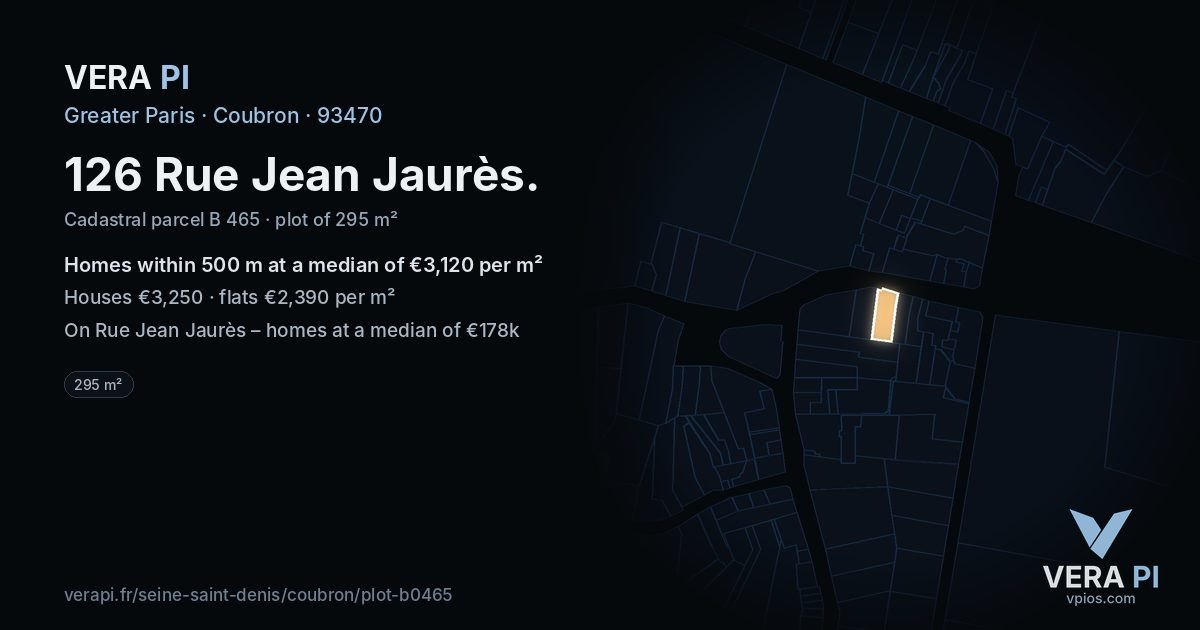 126 Rue Jean Jaurès, Coubron at night – the plot lit, the parcels around coloured by the prices near them