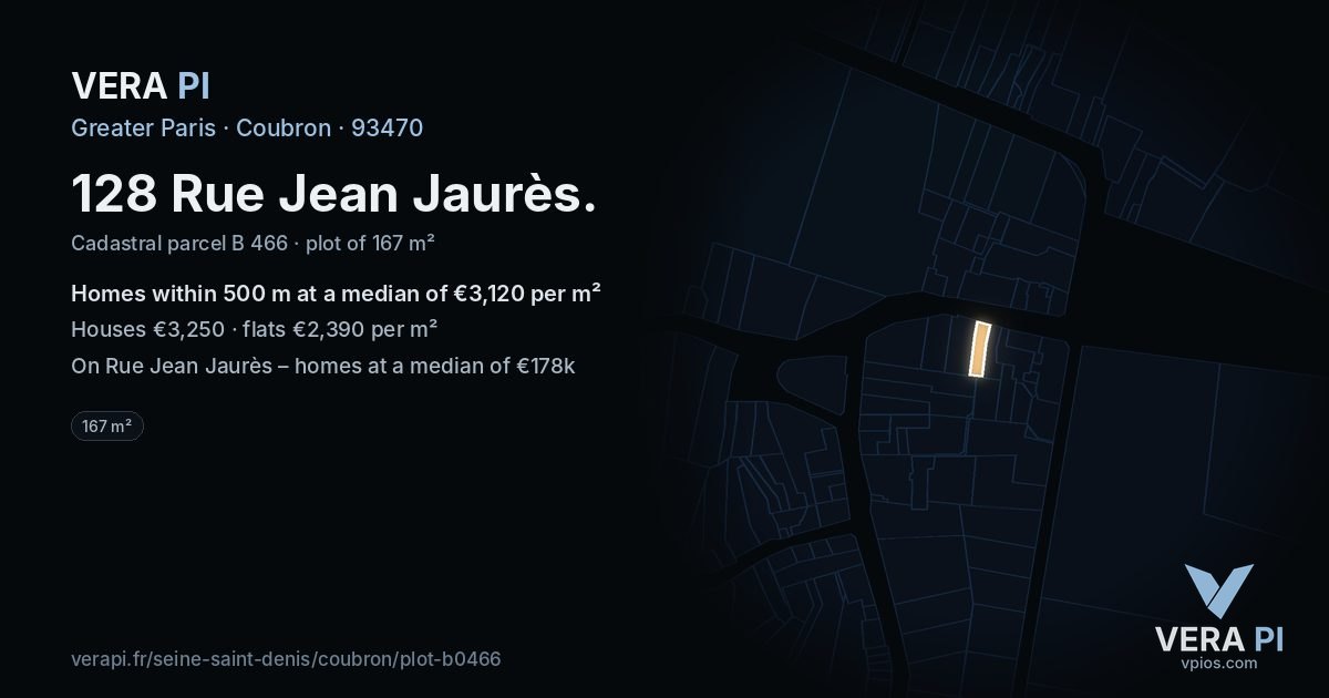 128 Rue Jean Jaurès, Coubron at night – the plot lit, the parcels around coloured by the prices near them