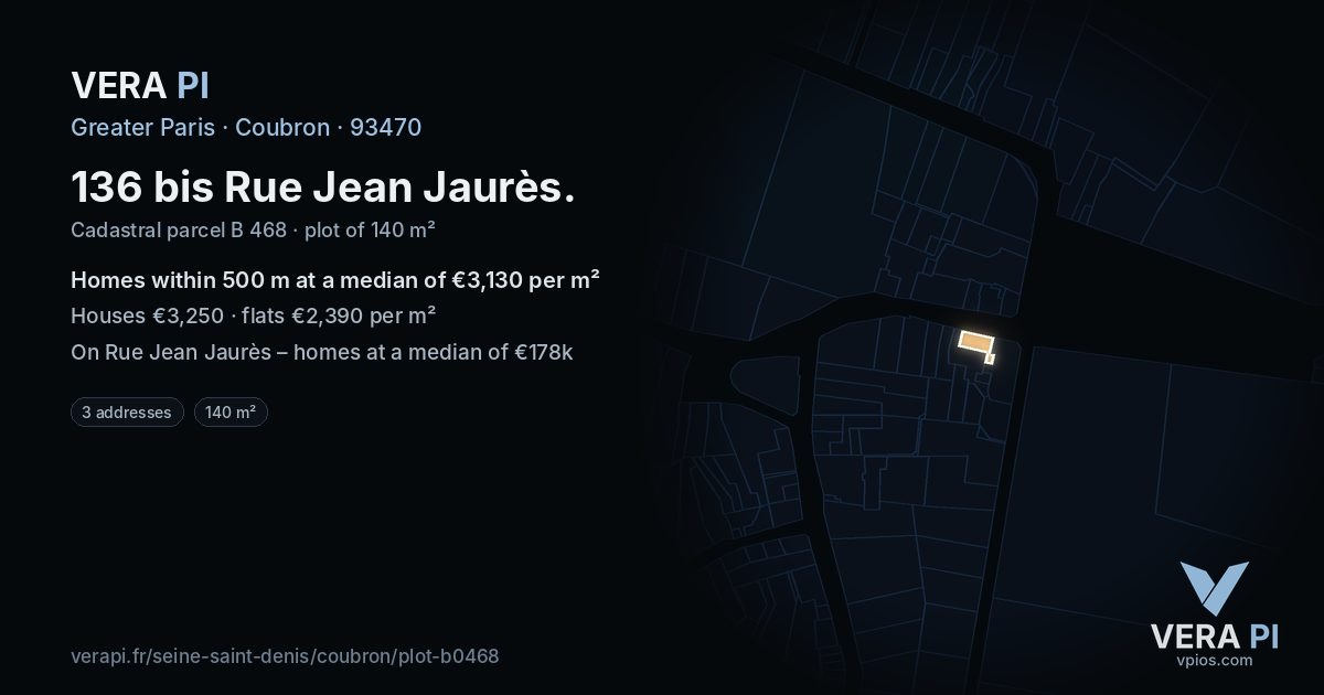 136 bis Rue Jean Jaurès, Coubron at night – the plot lit, the parcels around coloured by the prices near them