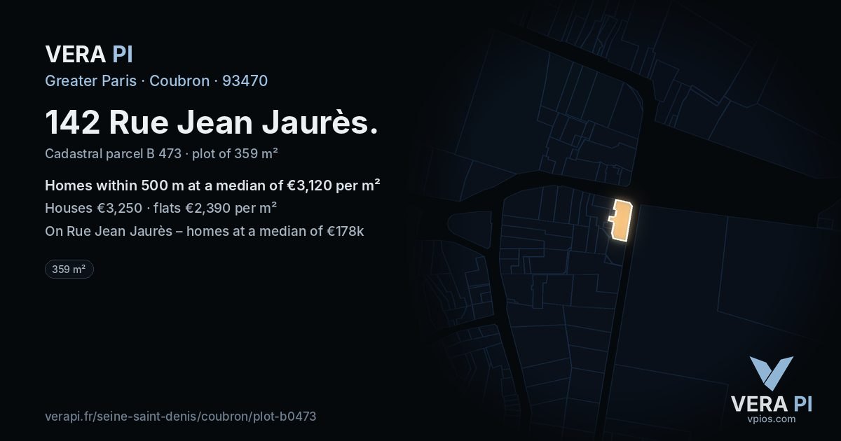 142 Rue Jean Jaurès, Coubron at night – the plot lit, the parcels around coloured by the prices near them