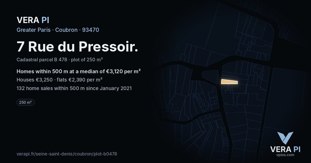 7 Rue du Pressoir, Coubron at night – the plot lit, the parcels around coloured by the prices near them