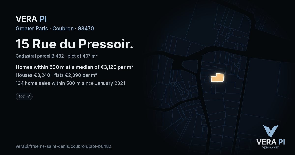 15 Rue du Pressoir, Coubron at night – the plot lit, the parcels around coloured by the prices near them