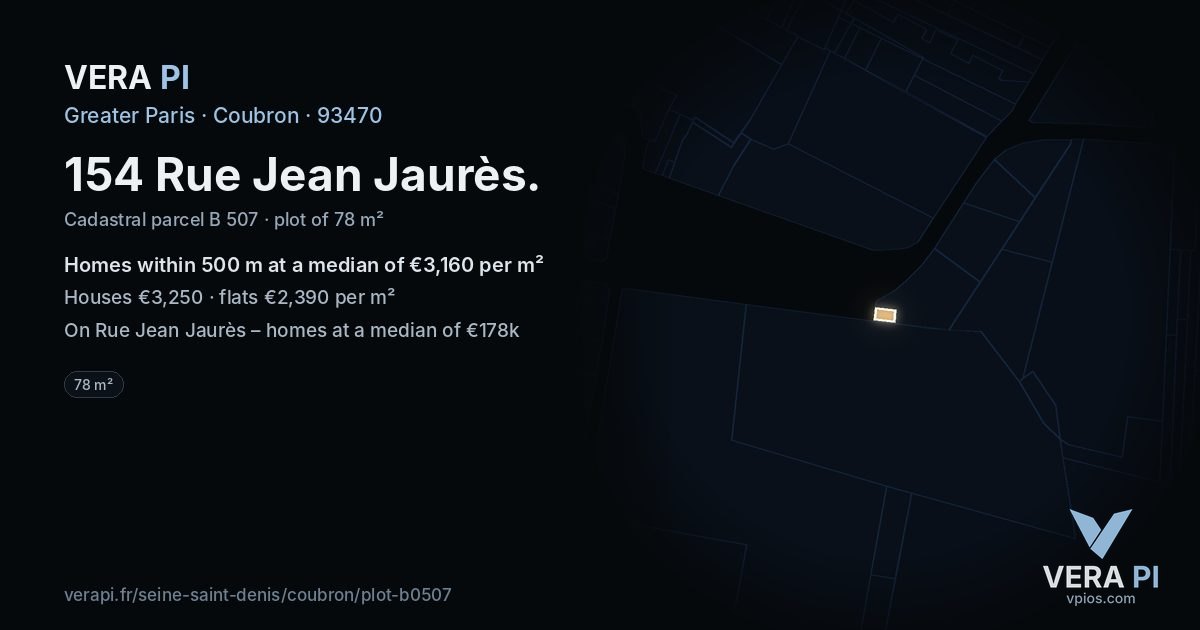 154 Rue Jean Jaurès, Coubron at night – the plot lit, the parcels around coloured by the prices near them