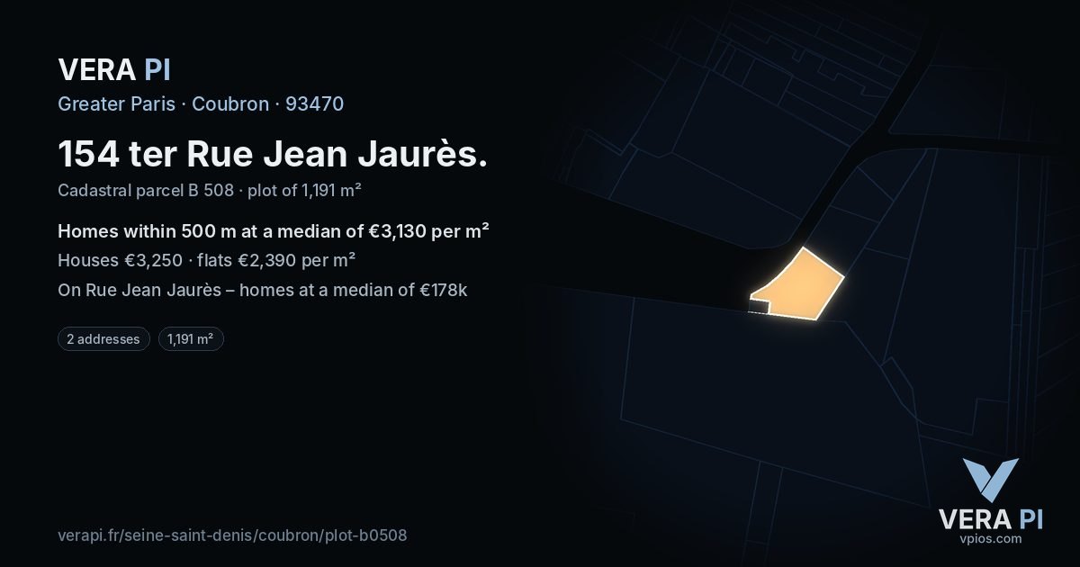 154 ter Rue Jean Jaurès, Coubron at night – the plot lit, the parcels around coloured by the prices near them