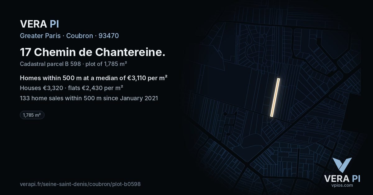 17 Chemin de Chantereine, Coubron at night – the plot lit, the parcels around coloured by the prices near them
